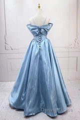 Blue Sweet A-Line Spaghetti Strap Satin Long Prom Dresses Evening Party Dresses