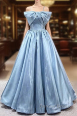 Blue Sweet A-Line Spaghetti Strap Satin Long Prom Dresses Evening Party Dresses