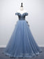 Blue Sweetheart Neck Beads Long Prom Dress, Blue Tulle Prom Dresses With Beading Sequin