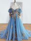 Blue Sweetheart Neck Off Shoulder Long Prom Dress, Lace Prom Dresses