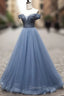 Blue Sweetheart Neck Tulle Beads Off Shoulder Long Prom Dresses