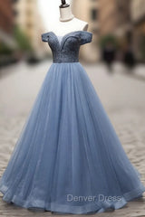 Blue Sweetheart Neck Tulle Beads Off Shoulder Long Prom Dresses
