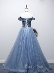 Blue Sweetheart Neck Tulle Beads Off Shoulder Long Prom Dresses
