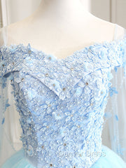 Blue Sweetheart Neck Tulle Lace Long Prom Dresses, Blue Evening Dresses