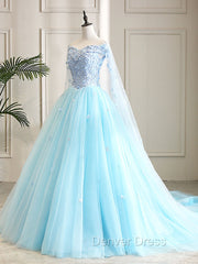 Blue Sweetheart Neck Tulle Lace Long Prom Dresses, Blue Evening Dresses