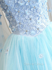 Blue Sweetheart Neck Tulle Lace Long Prom Dresses, Blue Evening Dresses