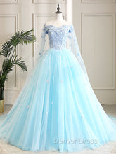 Blue Sweetheart Neck Tulle Lace Long Prom Dresses, Blue Evening Dresses