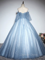 Blue Sweetheart Neck Tulle Lace Long Prom Dresses, Blue Evening Dresses