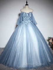 Blue Sweetheart Neck Tulle Lace Long Prom Dresses, Blue Evening Dresses