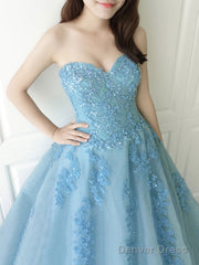 Blue Sweetheart Neck Tulle Lace Long Prom Dress, Blue Tulle Formal Dress