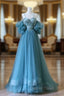 Blue Sweetheart Off Shoulder Long Prom Dress, Blue Tulle Prom Dresses