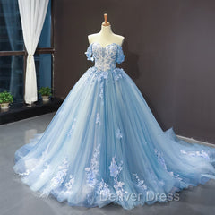 Blue Sweetheart Off Shoulder with Lace Applique Party Dresses, Blue Sweet 16 Dresses