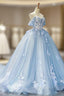 Blue Sweetheart Off Shoulder with Lace Applique Prom Dress, Blue Sweet 16 Dresses