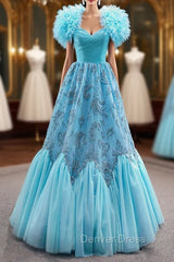 Blue Sweetheart Tulle Appliques Beading Pleats Prom Dresses