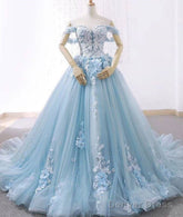 Blue Sweetheart Tulle Lace Long Prom Dress, Blue Wedding Dress