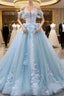 Blue Sweetheart Tulle Lace Long Prom Dresses, Blue Wedding Dresses