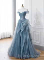 Blue Sweetheart Tulle Layers Long Formal Dresses, Blue Long Party Dresses Prom Dresses