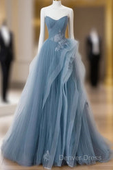 Blue Sweetheart Tulle Layers Long Formal Dresses, Blue Long Party Dresses Prom Dresses