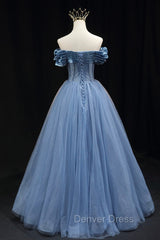 Blue Sweetheart Tulle Long Formal Dresses, Off the Shoulder Evening Graduation Dresses
