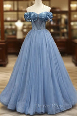 Blue Sweetheart Tulle Long Formal Dresses, Off the Shoulder Evening Graduation Dresses