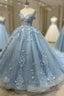 Blue Sweetheart Tulle with Lace Applique Off Shoulder Prom Dress, Blue Sweet 16 Dresses