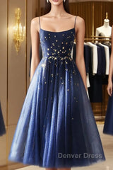 Blue Tea Length Tulle Prom Dresses, Blue Tulle Bridesmaid Dresses