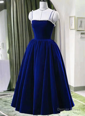 Blue Tea Length Velvet Straps Pearls Formal Dress, Blue Homecoming Dress