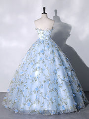 Blue Tulle 3 D Applique Long Prom Dresses, Blue Formal Evening Dresses