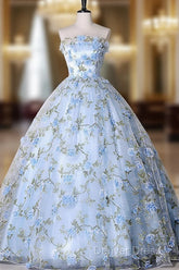 Blue Tulle 3 D Applique Long Prom Dresses, Blue Formal Evening Dresses