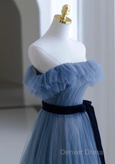 Blue Tulle A-Line Off Shoulder Long Party Dresses, Blue Scoop Prom Dresses Evening Dresses