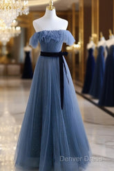Blue Tulle A-Line Off Shoulder Long Party Dresses, Blue Scoop Prom Dresses Evening Dresses