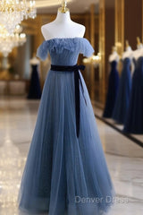 Blue Tulle A-Line Off Shoulder Long Party Dresses, Blue Scoop Prom Dresses Evening Dresses