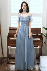 Blue Tulle A-Line Party Dress With Beadings, Blue Long Prom Dress