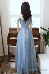 Blue Tulle A-Line Party Dress With Beadings, Blue Long Prom Dress
