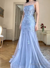 Blue Tulle A-Line Spaghetti Strap Appliqu Long Prom Dress Evening Dress