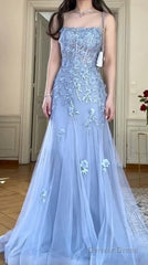 Blue Tulle A-Line Spaghetti Strap Appliqu Long Prom Dress Evening Dress