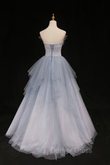 Blue Tulle A-Line Strapless Long Prom Dresses, Blue Evening Party Dresses