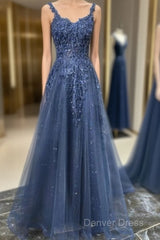 Blue Tulle Applique Long Evening Dresses Formal Prom Dresses