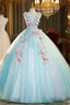 Blue Tulle Appliques Ball Gown Quinceanera Dresses