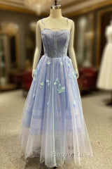 Blue Tulle Appliques Beading Prom Dresses