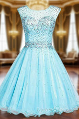 Blue Tulle Backless Beading Crystal Short Homecoming Party Dresses