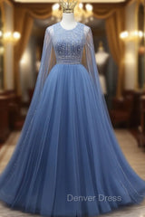 Blue Tulle Backless Beading Prom Dresses