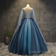 Blue Tulle Ball Gown Long Sweet 16 Dresses With Lace Applique, Prom Dresses