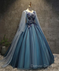Blue Tulle Ball Gown Long Sweet 16 Dresses With Lace Applique, Prom Dresses