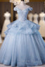 Blue Tulle Ball Gowns Off Shoulder Layers Sweet 16 Dress, Blue Prom Dresses with Lace