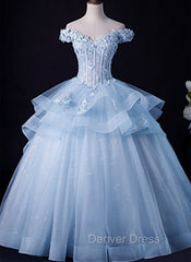 Blue Tulle Ball Gown Off Shoulder Layers Sweet 16 Dresses, Blue Formal Dresses with Lace