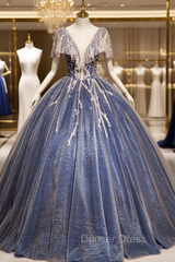 Blue Tulle Ball Gown Quinceanera Dresses