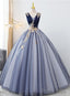Blue Tulle Ball Gown V-Neckline Sweet 16 Dresses, Blue Floor Length Formal Dresses Evening Gown