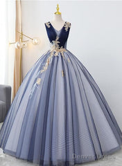 Blue Tulle Ball Gown V-Neckline Sweet 16 Dresses, Blue Floor Length Formal Dresses Evening Gown