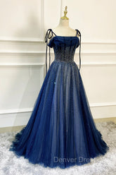 Blue Tulle Beaded Long A-Line Prom Dresses, Blue Spaghetti Straps Evening Dresses